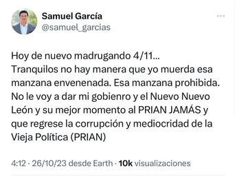 Tuit del gobernador Samuel García. | Cortesía