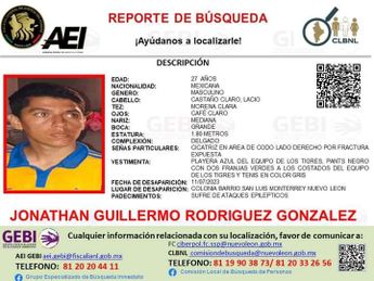 Desaparece Jonathan Guillermo en Monterrey / Especial
