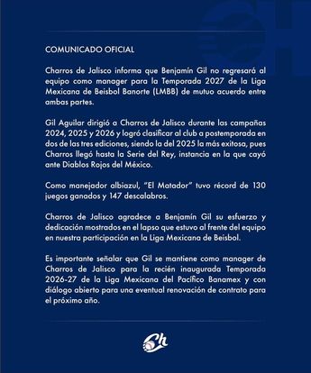 Hasta este momento Charros y Benjamín mantienen su relación en la LMP 2026-2027 | Charros de Jalisco vía X