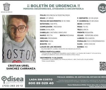 Ficha de búsqueda de Cristian Uriel Sánchez Carranza, desaparecido el 31 de agosto al salir de un bar en Nezahualcóyotl.
