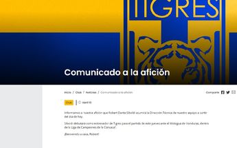 Comunicado de Tigres anunciando a Robert Dante Siboldi
