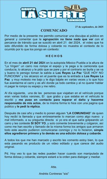 El grupo La Suerte Sonidera aclaró en un comunicado el motivo de la agresión / Facebook: La Suerte Sonidera