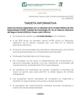 Comunicado del IMSS sobre accidente en elevador. | Cortesía