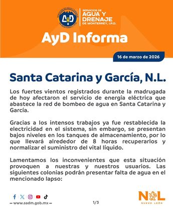 Agua y Drenaje de Monterrey emitió un comunicado en redes sociales. | Facebook AyD