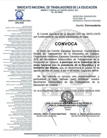 Comunicado de la Sección 22 de la CNTE de Oaxaca anuncia movilización en CdMx.