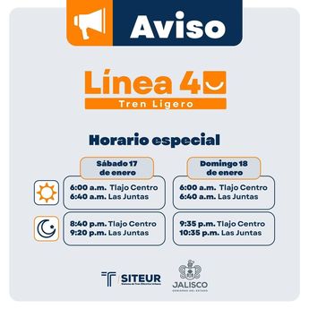 Horarios especiales de la Línea 4 del Tren Ligero para este 17 y 18 de enero de 2026. | Siteur