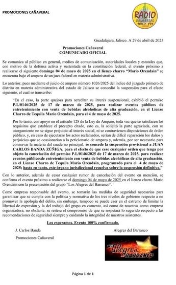 Comunicado de Promociones Cañaveral, organizadores de la presentación en Tequila. | Cortesía