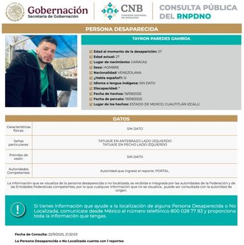 Tayron Paredes Gamboa tiene un tatuaje en el antebrazo y en el pecho, ambos del lado izquierdo | Comisión Nacional de Búsqueda
