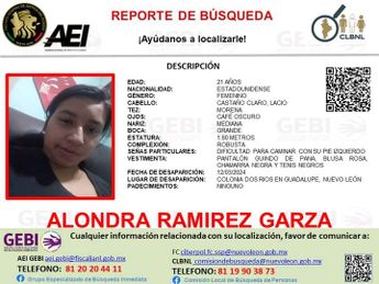 Reporte de búsqueda de Alondra Ramírez Garza de 21 años y de origen estadunidense. | Cortesía