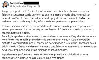 La publicación de una familiar señalaba que Abraham había sido víctima de una salto para despojarlo de su vehículo / Facebook