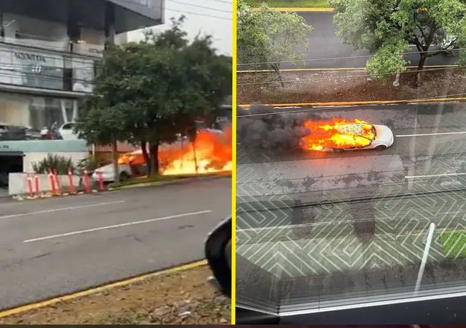 Graban auto envuelto en llamas sobre avenida Valle San Ángel en San Pedro, NL