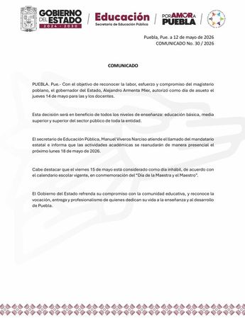 Comunicado oficial de la SEP donde se anuncia el megapuente por el Día del Maestro en Puebla / Gobierno de Puebla