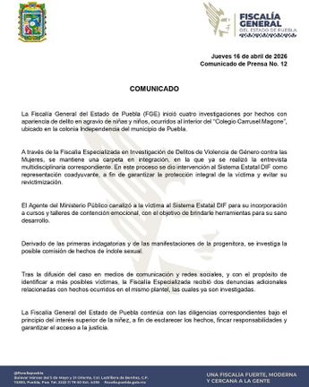 El comunicado de la Fiscalía de Puebla es su primera postura sobre el caso, tras la intervención de la SEP y el DIF Estatal / Especial