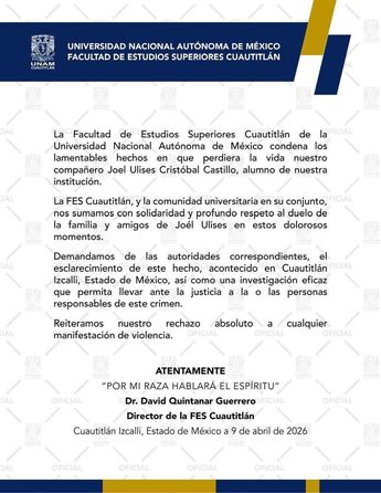 La UNAM condenó el asesinato de Joel Ulises Cristóbal Castillo, estudiante de la Facultad de Estudios Superiores Cuautitlán. | X @FESC_UNAM