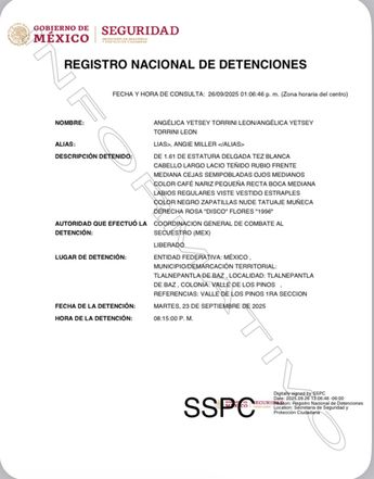 Angie Miller fue detenida el 23 de septiembre en el Estado de México. | Registro Nacional de Detenciones.