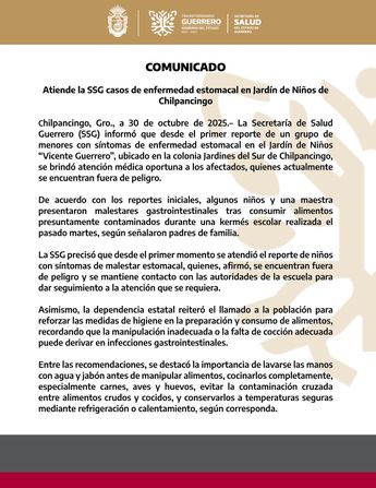 Comunicado por la intoxicación en jardín de niños “Vicente Guerrero”, ubicado en Chilpancingo. / Secretaría de Salud Guerrero