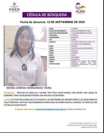 NEIMA JIMENEZ. Menor desaparecida en Gómez Palacio