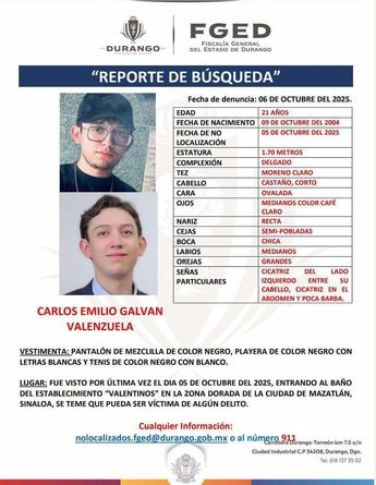 Carlos Emilio Galván desapareció alrededor de las 2:00 de la mañana, les dice que va a ir al baño y ya no regresó en Mazatlán.