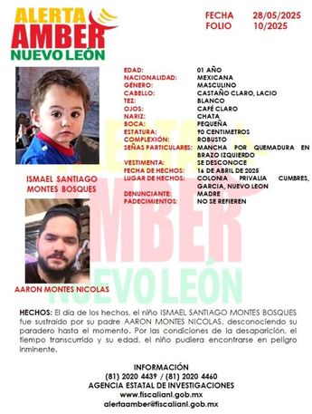 Alerta Amber por la presunta sustracción del menor Ismael Santiago Montes Bosques de tan solo un año de edad. | Cortesía
