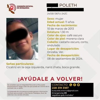Ficha de búsqueda de la pequeña Poleth, desaparecida en Orizaba, Veracruz / Cortesía