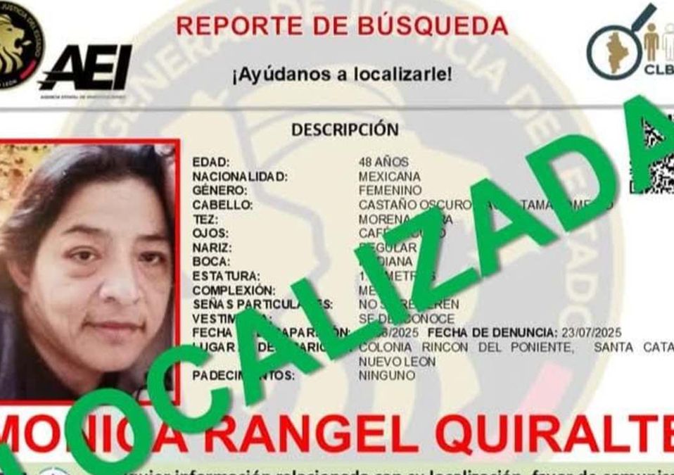 La mujer fue identificada como Mónica Rangel Quiralte de 48 años, quien había desaparecido en Santa Catarina. | Cortesía