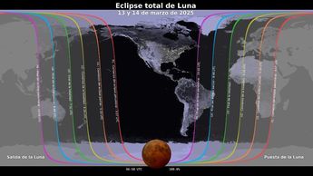 Mapa que muestra dónde será visible el eclipse lunar del 13 al 14 de marzo de 2025. | NASA