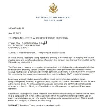 Reporte oficial de salud de Donald Trump. | Médico de la Casa Blanca