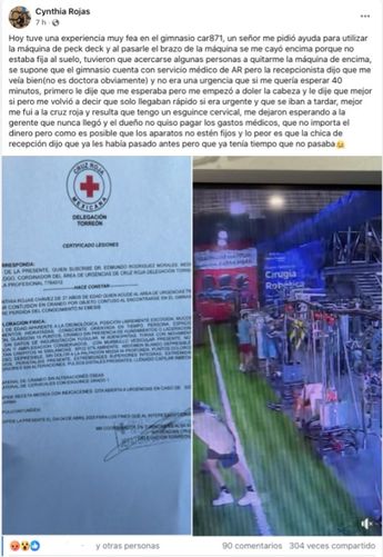 Publicación de denuncia de accidente en gimnasio de Torreón
