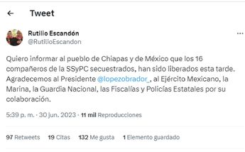 Tweet de Rutilio Escandón sobre la liberación de los 16 funcionarios secuestrados en Chiapas / Captura
