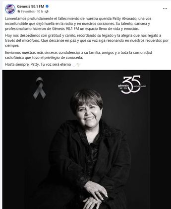 La estación Génesis 98.1 dio a conocer la noticia de la muerte de Patty Alvarado en redes. | Especial