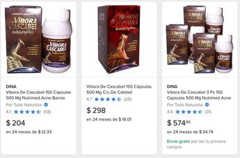 Pastillas de víbora de cascabel ofertadas en Mercado Libre