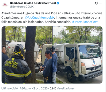 Bomberos atendieron la fuga de gas de una pipa en Circuito Interior | X @Bomberos_CdMx