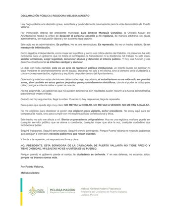 Declaración oficial de Melissa Madero