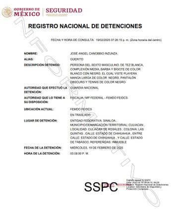 Ficha de 'El Güerito' en el Registro Nacional de Detenciones