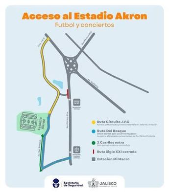 El mapa de las vialidades afectadas para el partido de Chivas vs Toluca para la jornada 1 del Apertura 2026 | Secretaría de Seguridad Jalisco