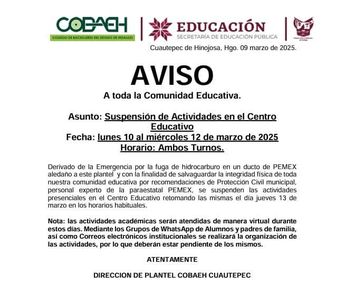 Comunicado oficial de la suspensión de clases presenciales en Cobaeh ubicado en Cuautepec de Hinojosa