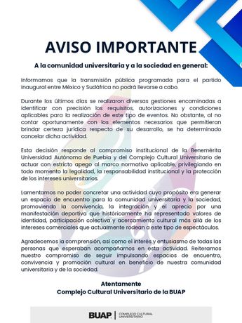 Este es el comunicado oficial de la cancelación / CCU BUAP