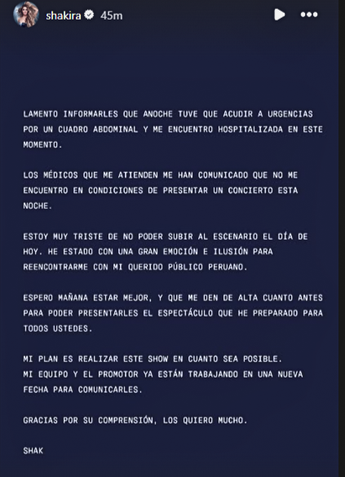 La cantante Shakira lamentó que no pueda presentarse frente a su público de Perú HOY / Especial