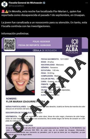 La Fiscalía del Estado de Michoacán informó de la localización de Marian Izaguirre | @FiscaliaMich vía X