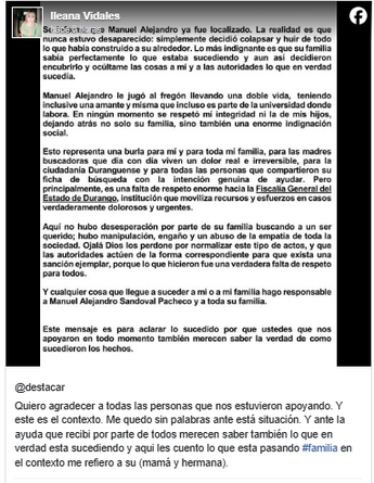Comunicado publicado por la esposa del maestro en sus redes sociales.