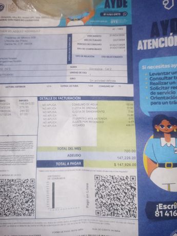 Recibo de 147 mil pesos emitido por Agua y Drenaje de Monterrey. | Cortesía