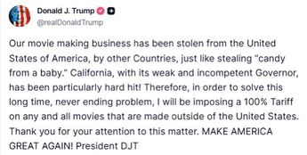 Publicación de Donald Trump con anuncio de tarifas en películas extranjeras. | @S2FUncensored vía X.