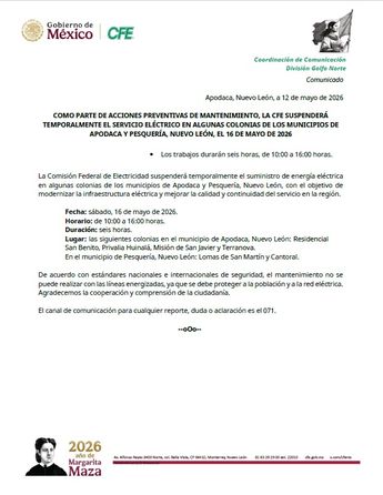 CFE suspenderá servicio eléctrico en colonias de Apodaca y Pesquería.| CFE