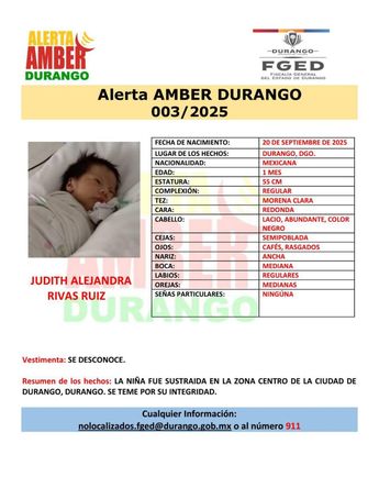 Judith Alejandra es una bebé de apenas un mes de nacida desaparecida en Durango.