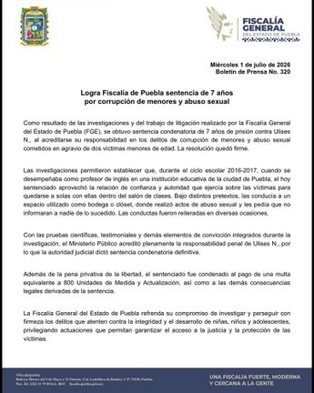 La Fiscalía de Puebla ratificó la sentencia contra el agresor por corrupción de menores y abuso sexual / X: @FiscaliaPuebla