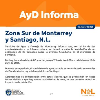 Comunicado de Agua y Drenaje de Monterrey sobre cortes de agua. | Especial