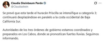 Publicación de Claudia Sheinbaum sobre el huracán Priscilla. | @Claudiashein vía X.