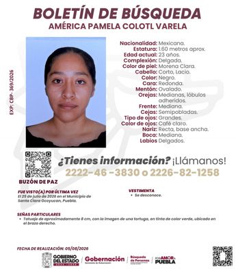 Boletín de búsqueda de América Pamela Colotl Varela | Comisión de Búsqueda de Personas de Puebla