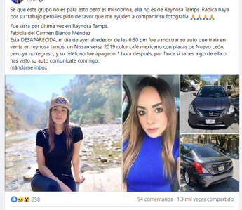 Fabiola desaparecida en Tamaulipas