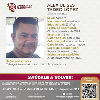 Boletín de búsqueda de Alex Ulises Tadeo, taxista en Sayula de Alemán, Veracruz / Comisión de Búsqueda de Personas